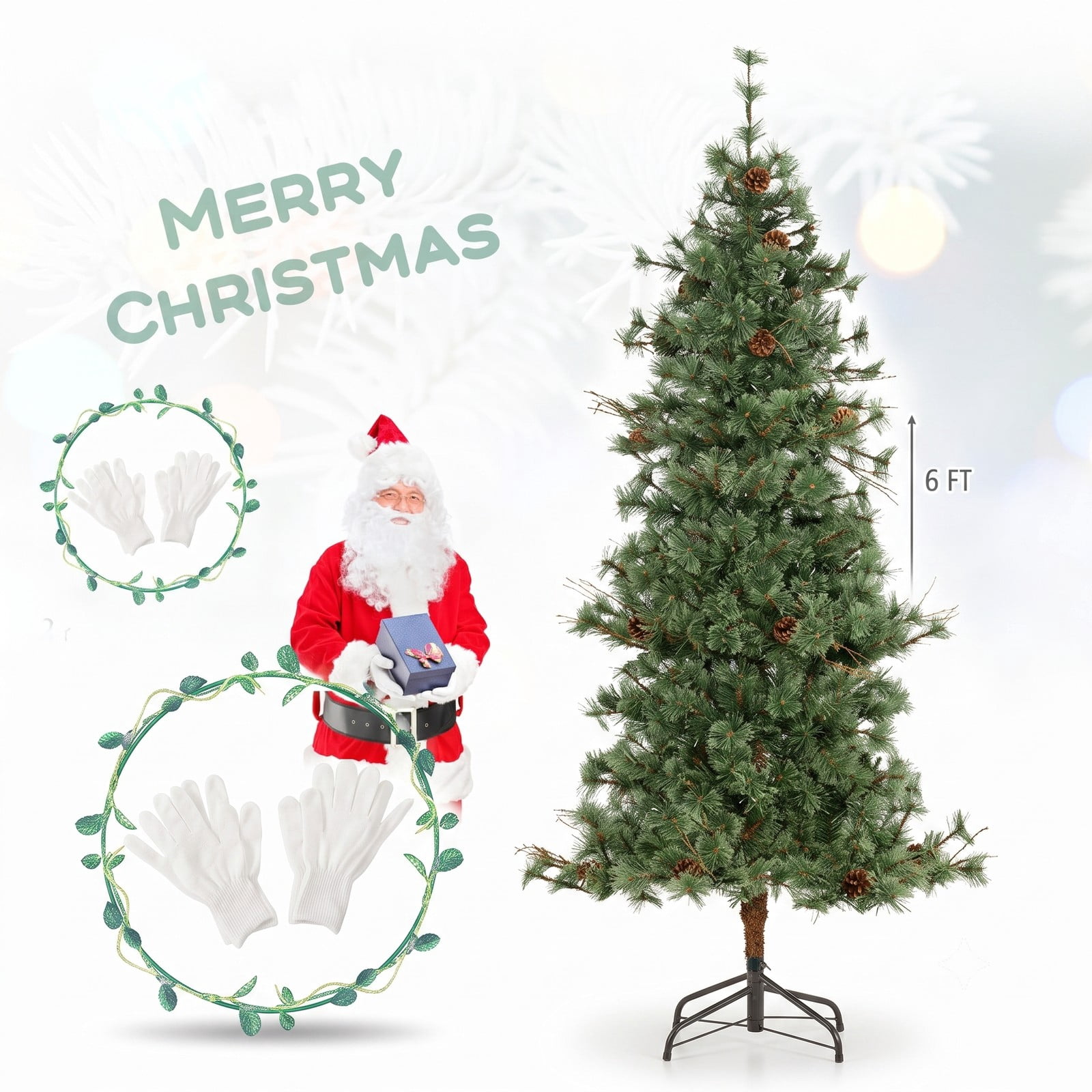 RUIE 6 Feet Pre-Lit Artificial Christmas Tree, Hinged Xmas Pine Tree with 200 Warm White LED Lights and 22 Pine Cones for Holiday Indoor Decor, Green