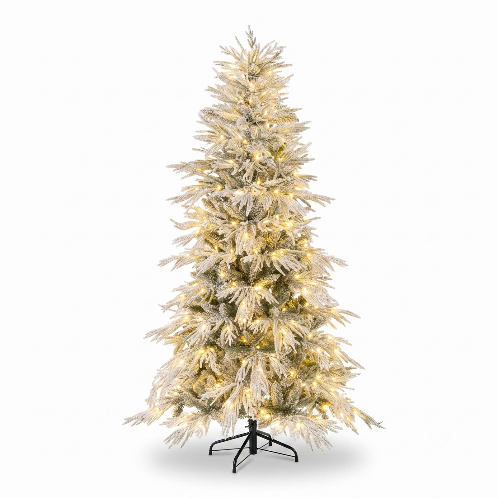 RUIE 6 Feet Pre-Lit Snow Flocked Artificial Christmas Tree with 250 Warm White LED Lights, Hinged Xmas Pine Tree with Foldable Metal Stand for Indoor, Green & White