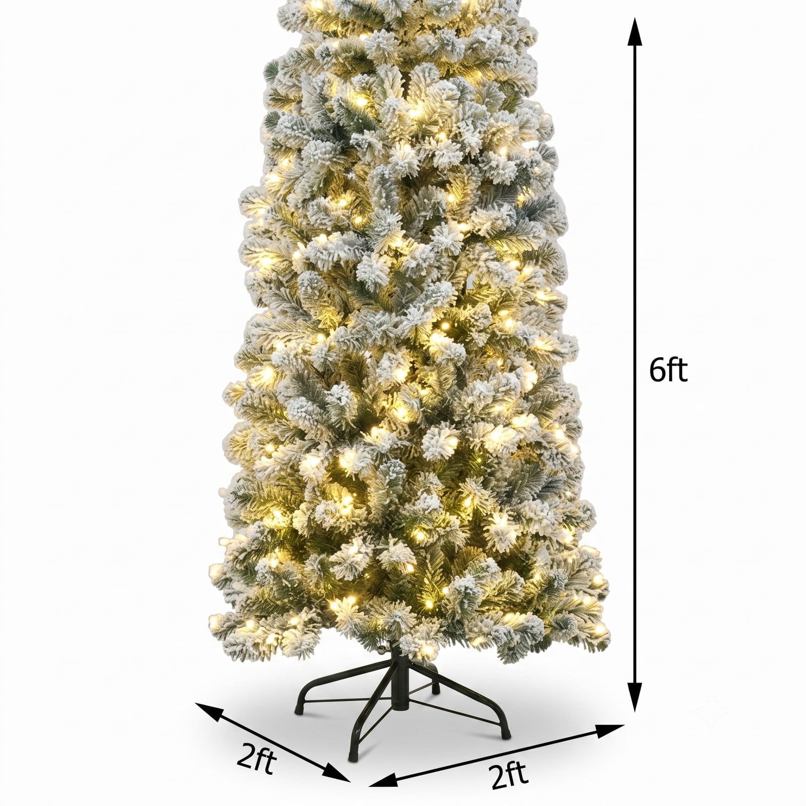 RUIE 6 Feet Pre-Lit Snow Flocked Artificial Pencil Christmas Tree with 250 Warm White LED Lights and 500 Branch Tips, Slim Metal Stand for Home Holiday Decor, White