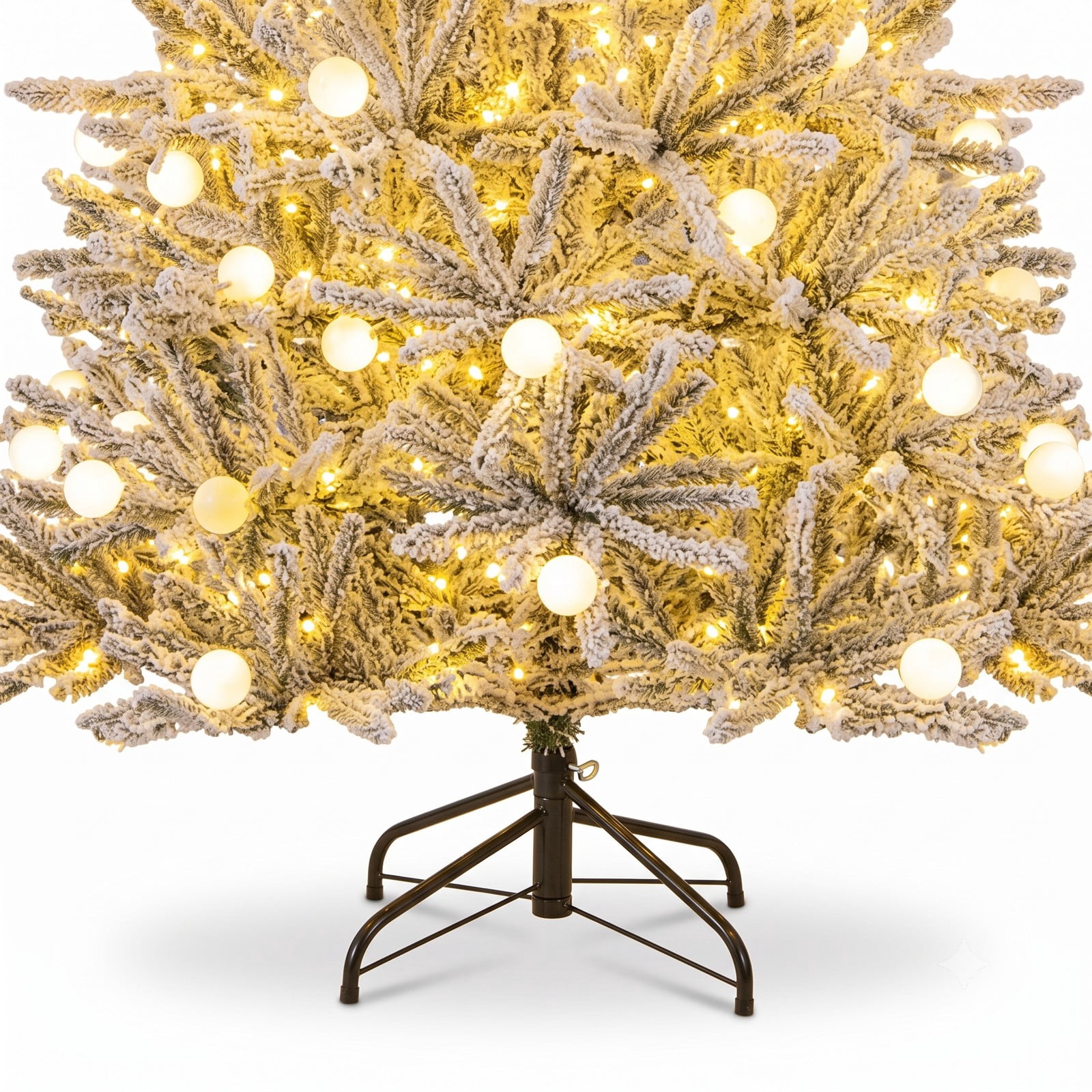 RUIE 6 Feet Pre-lit Snow-Flocked Artificial Christmas Tree, Hinged Xmas Tree with 250 Warm White LED Lights, 51 Sphere Lights, Remote and Timer for, Green & White