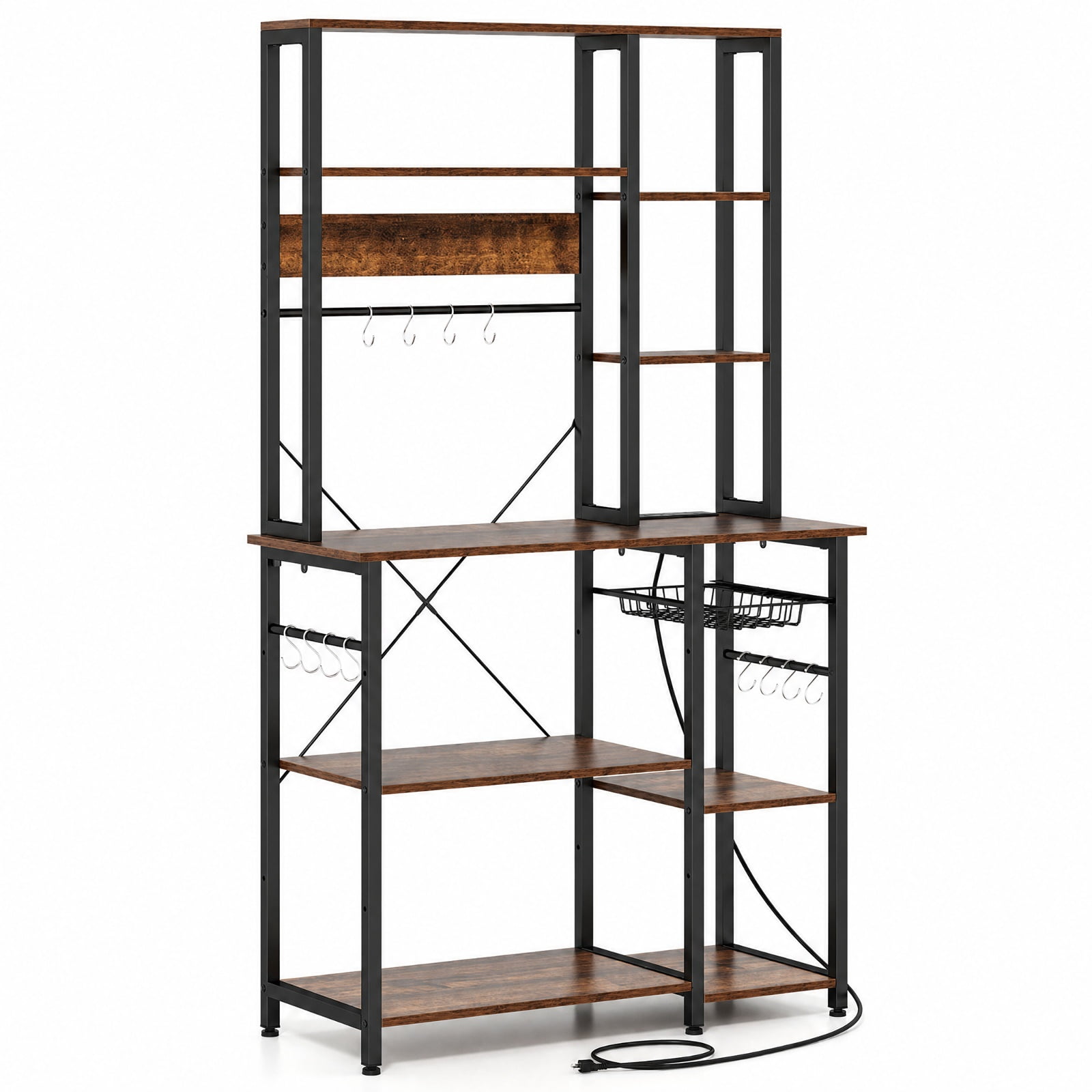 RUIE 6-Tier Baker's Rack with Power Outlet, Kitchen Coffee Bar Storage Stand with Wooden Open Shelves, 12 S-Hooks and Basket, Rustic Brown & Black