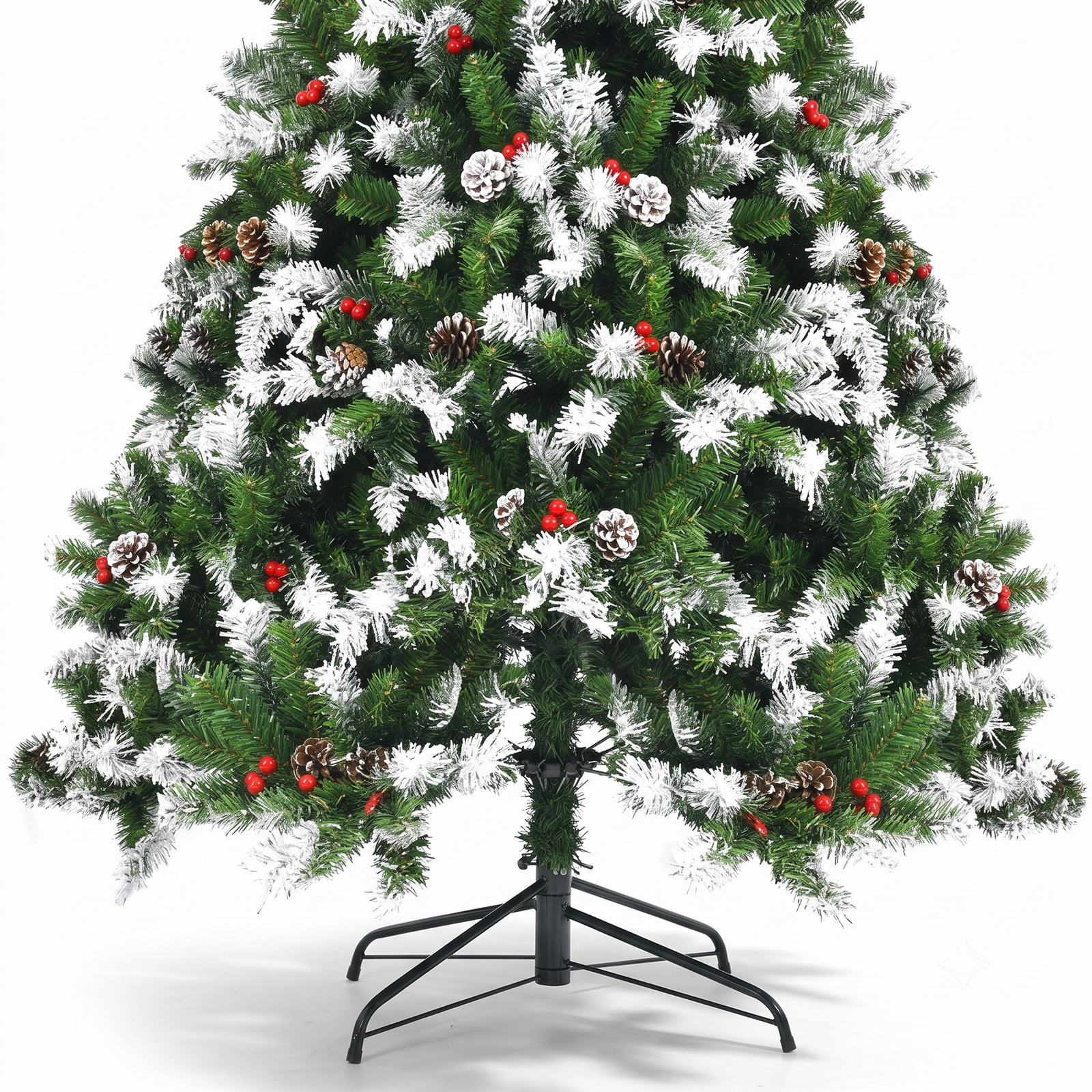 RUIE 6 ft Pre-Lit Snow Flocked Artificial Christmas Tree with Red Berries, Pinecones and 250 Warm White LED Lights, Hinged Full Xmas Tree with Metal Stand for, Green