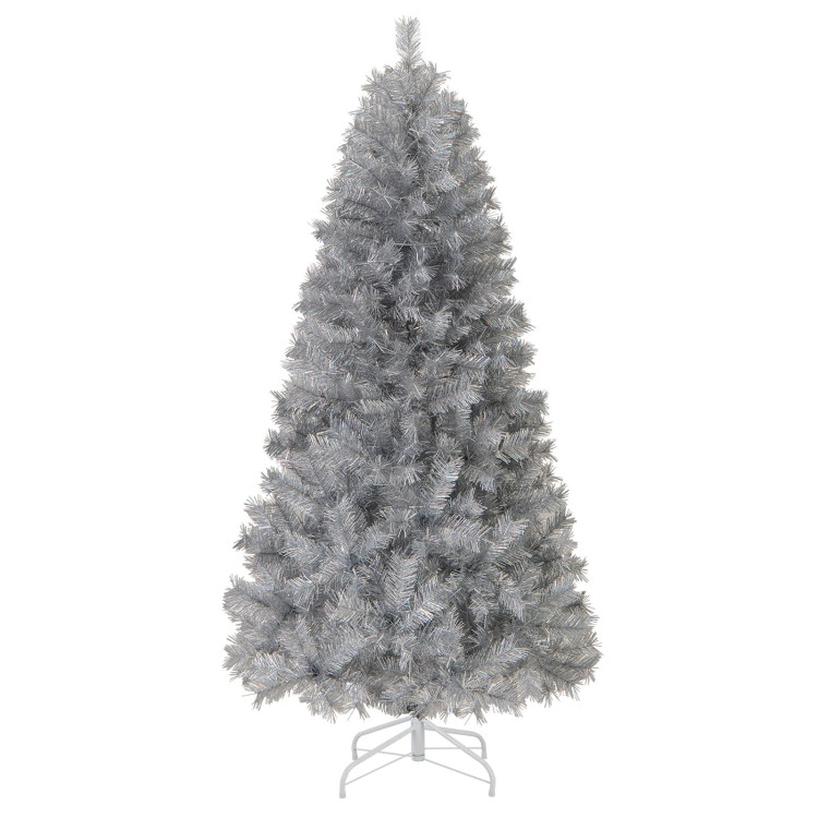 RUIE 6 ft Silver Tinsel Christmas Tree, Pre-Lit Artificial Xmas Tree with 230 LED Lights and 553 Branch Tips, Metallic Holiday Tree