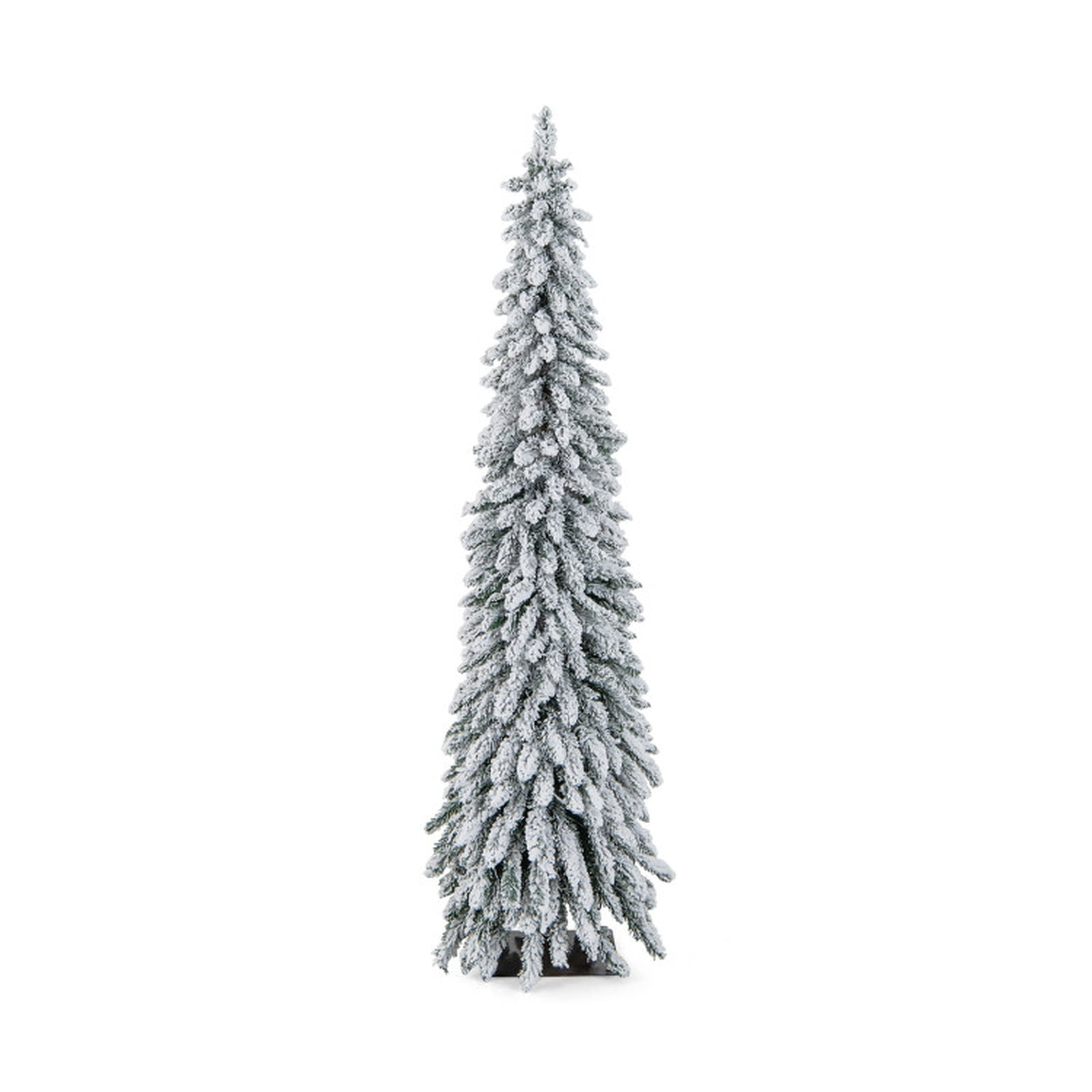RUIE 6 ft Snow-Flocked Pencil Christmas Tree, Pre-Lit Slim Green White Xmas Tree with 250 Dual-Color LED Lights, 11 Modes, Timer
