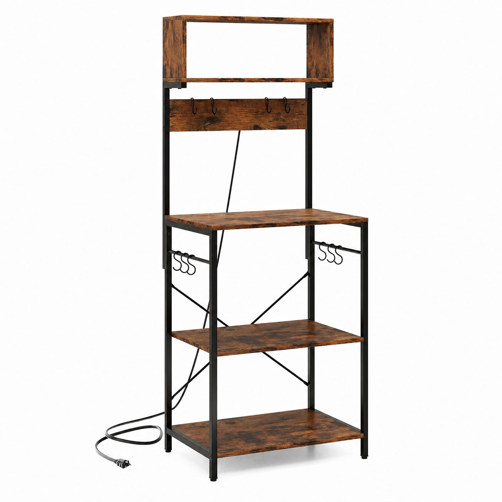 RUIE 60 Inch Tall Microwave Stand with Open Shelves, Kitchen Baker's Rack with Built-in Power Strip and 10 Hanging Hooks, Rustic Brown