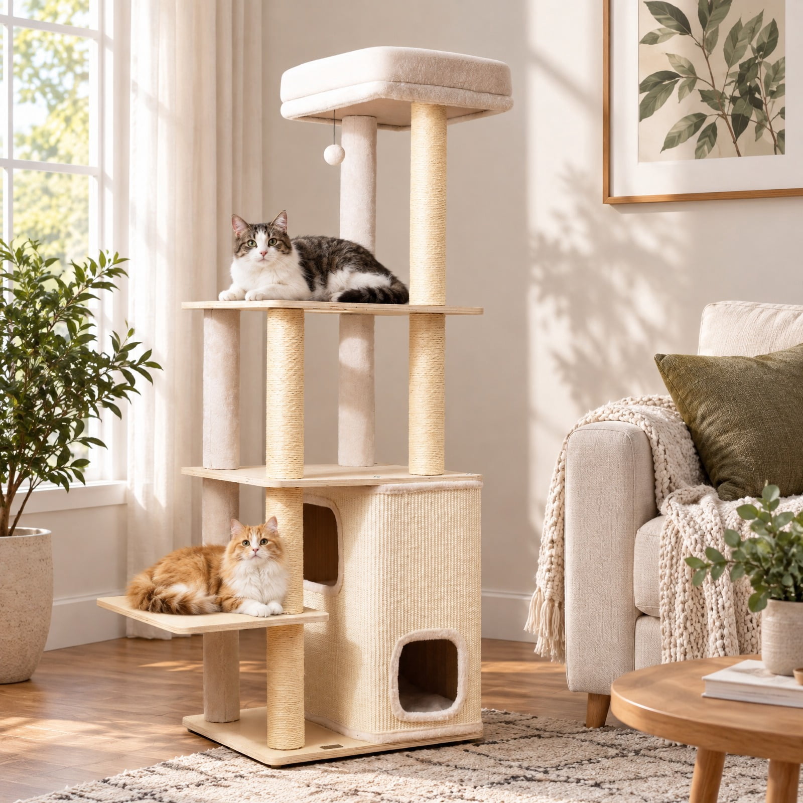 Stackable Cat Tree RUIE 63 in Tall Wooden Cat Tree with 2-Story Condo and Plush Padded Top ...