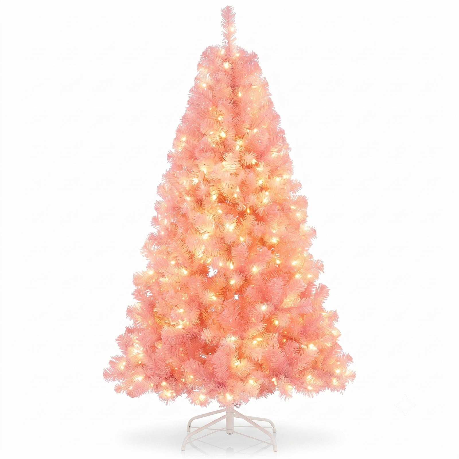 RUIE 6ft Pre-Lit Tinsel Christmas Tree, Artificial Xmas Tree with 250 Warm White LED Lights, 688 Lush Branch Tips, 8 Lighting Modes, Metal Base Holiday Decoration, Pink