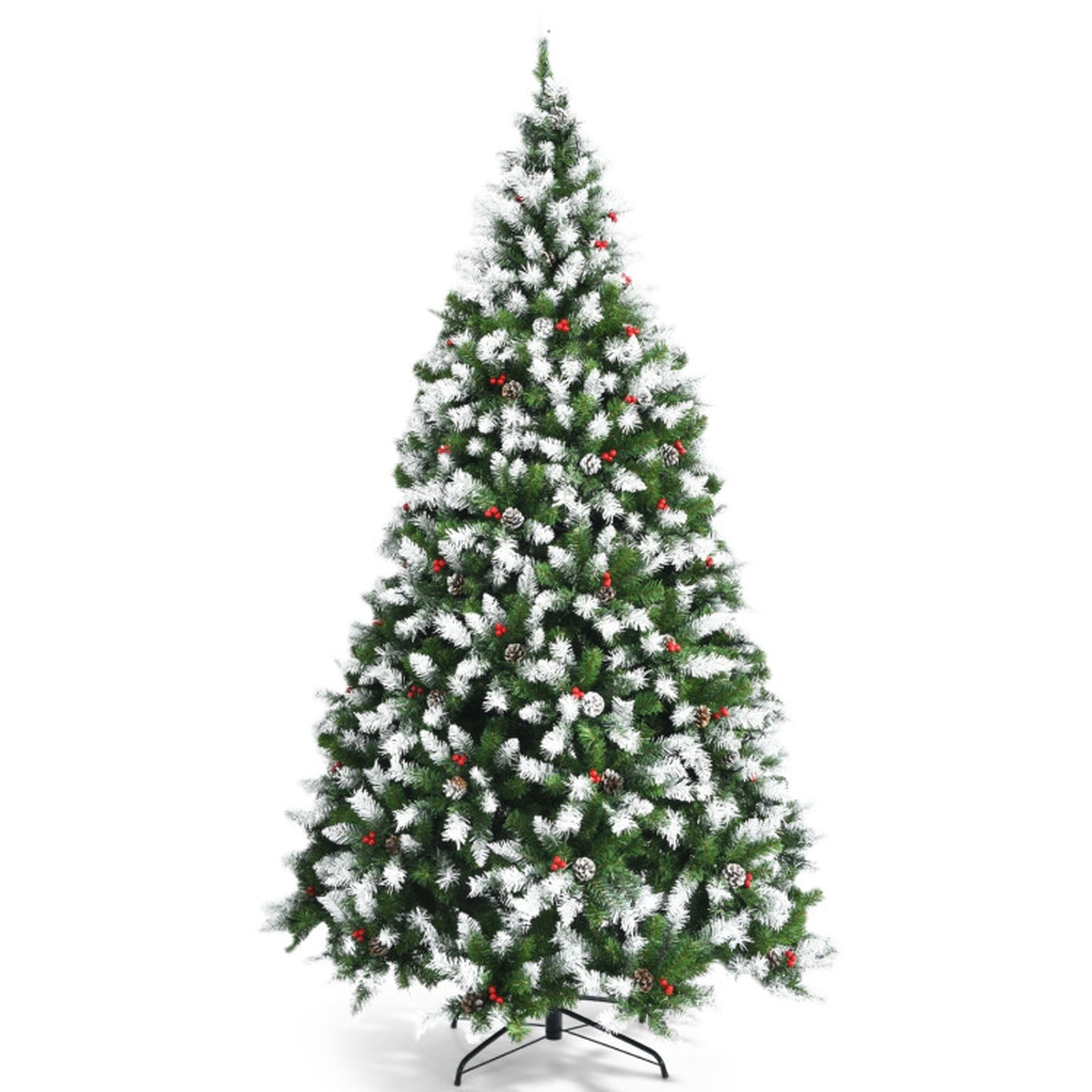 RUIE 7.5 FT Pre-Lit Artificial Christmas Tree, Flocked Hinged Xmas Tree with 550 LED Lights & Red Berries
