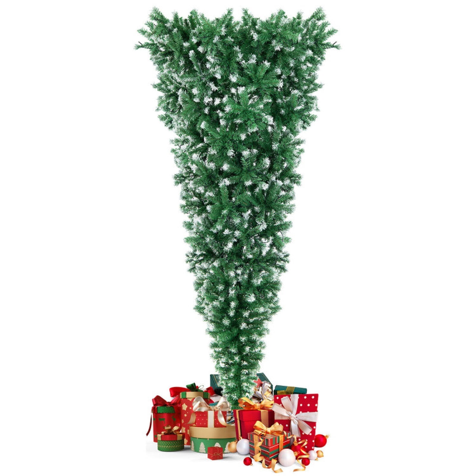 RUIE 7.5 FT Upside Down Christmas Tree, Pre-Lit Snowy Artificial Xmas Tree with 400 LED Lights, 1100 Tips