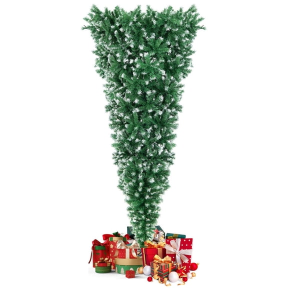 RUIE 7.5 FT Upside Down Christmas Tree, Pre-Lit Snowy Artificial Xmas Tree with 400 LED Lights, 1100 Tips