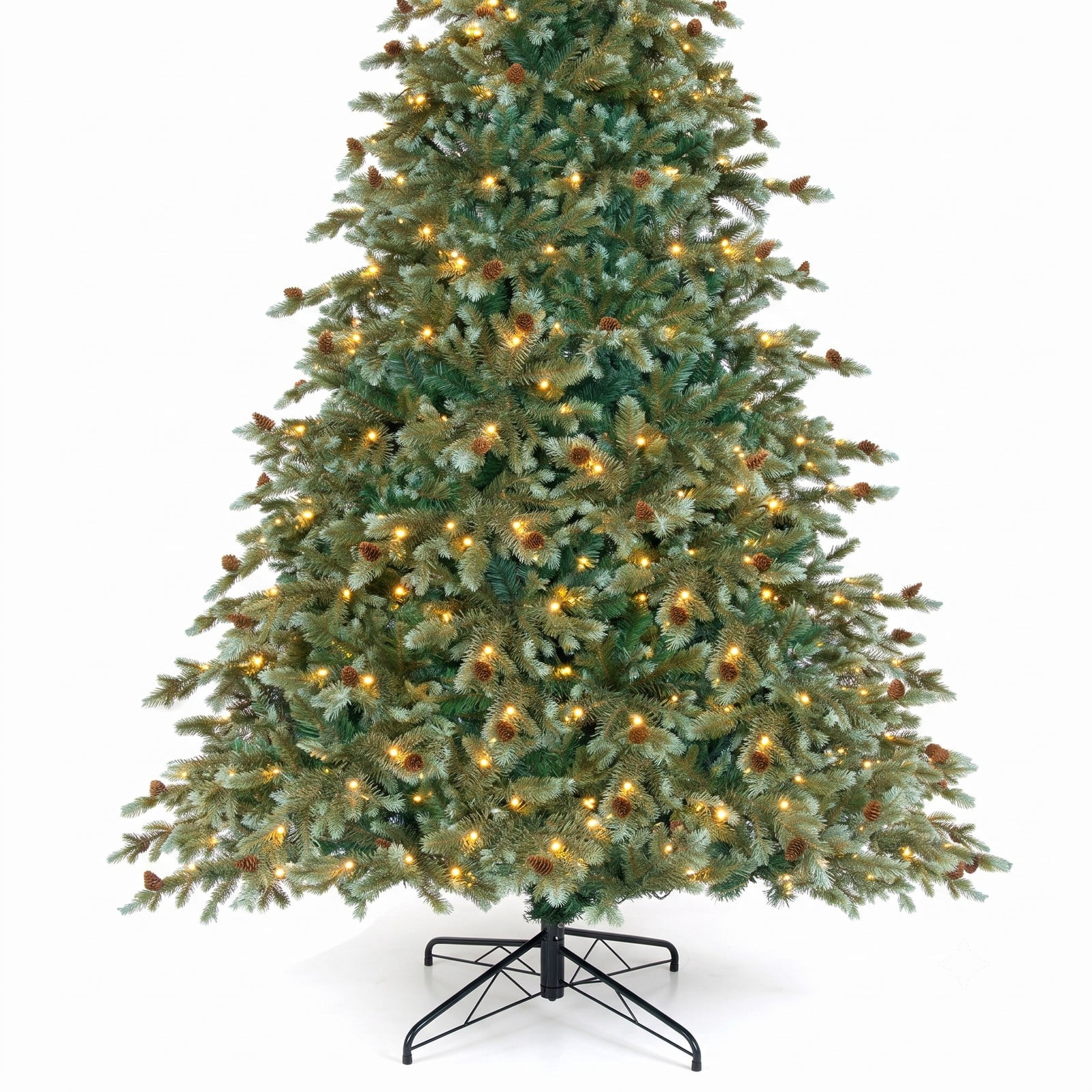 RUIE 7 FT Artificial Christmas Tree with 340 Warm White LED Lights and 69 Pine Cones, Pre-Lit Hinged Xmas Tree with Metal Stand for Home Office Holiday, Green