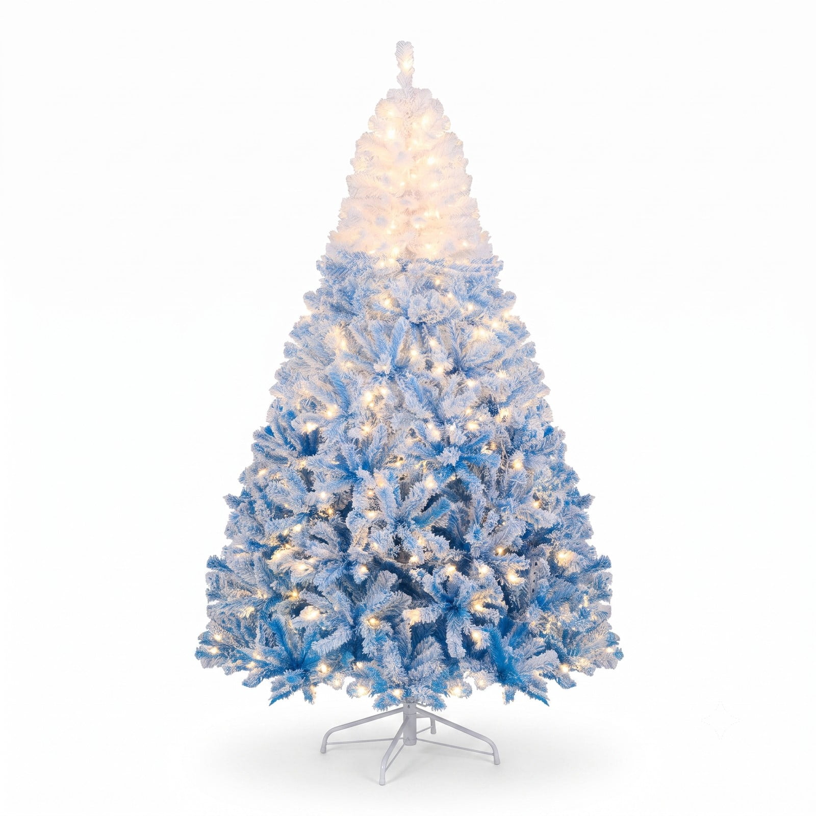 RUIE 7 FT Artificial Christmas Tree with 350 Warm White LED Lights and 8 Modes, Snow Flocked Hinged Prelit Xmas Tree with Foldable Metal Stand, White & Blue