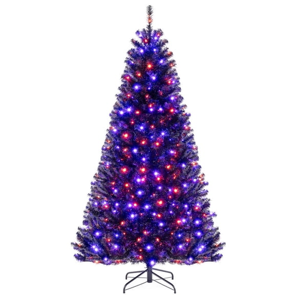 RUIE 7 FT Black Christmas Tree, Pre-Lit Artificial Xmas Tree with 6 Light Modes, Sound & Motion Sensor