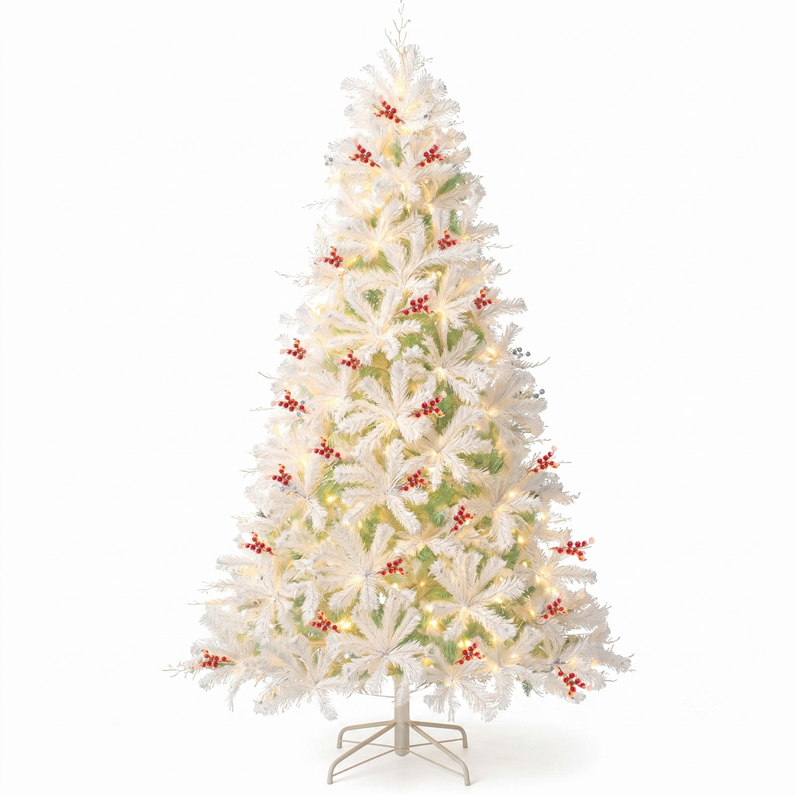 RUIE 7 FT Pre-Lit Artificial Christmas Tree with 350 Warm White LED Lights, Snow Flocked Branch Tips, Frosted Red Berries and Foldable Metal Base, White & Lake Blue