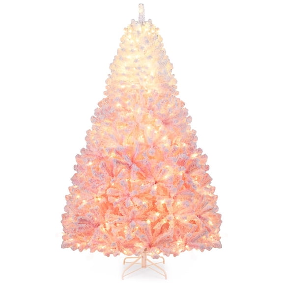 RUIE 7 FT Pre-Lit White & Pink Ombre Christmas Tree, Flocked Artificial Xmas Tree with 350 LED Lights