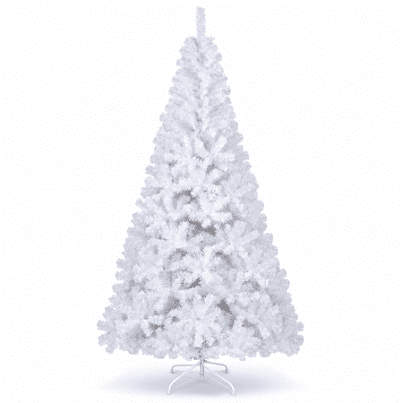 RUIE 7 FT White Christmas Tree, Unlit Artificial Xmas Tree with 950 Lush PVC Tips, 48 in Wide Base, Hinged Branches, Metal Stand with Leg Covers, for Home, Living Room, Entryway, Porch Decor
