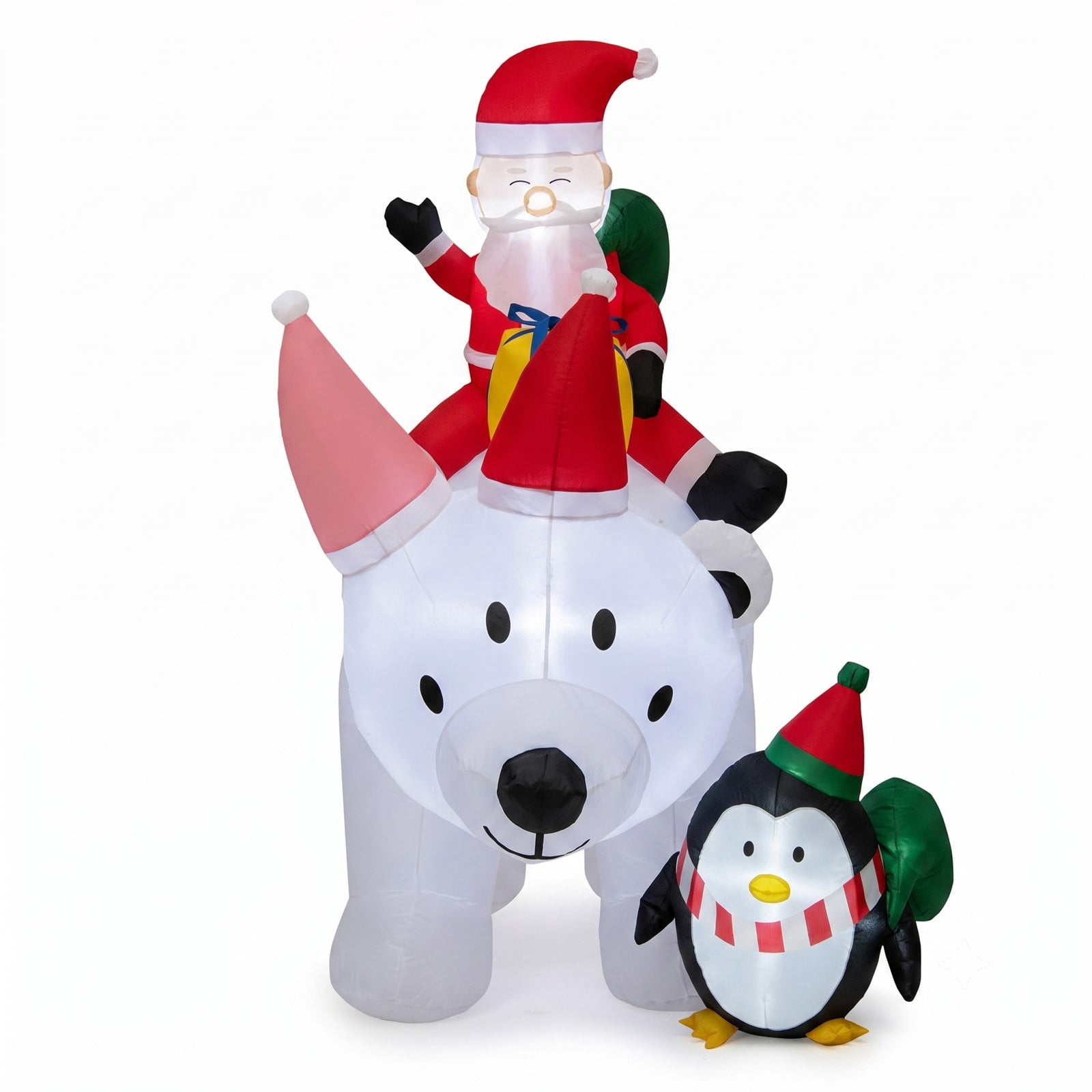 RUIE 7 Ft Inflatable Santa Claus Riding Bear with Penguin, Gift Bags and Gift Box, LED Lighted Christmas Yard Inflatable Blow Up Outdoor Holiday Decoration, Multicolor