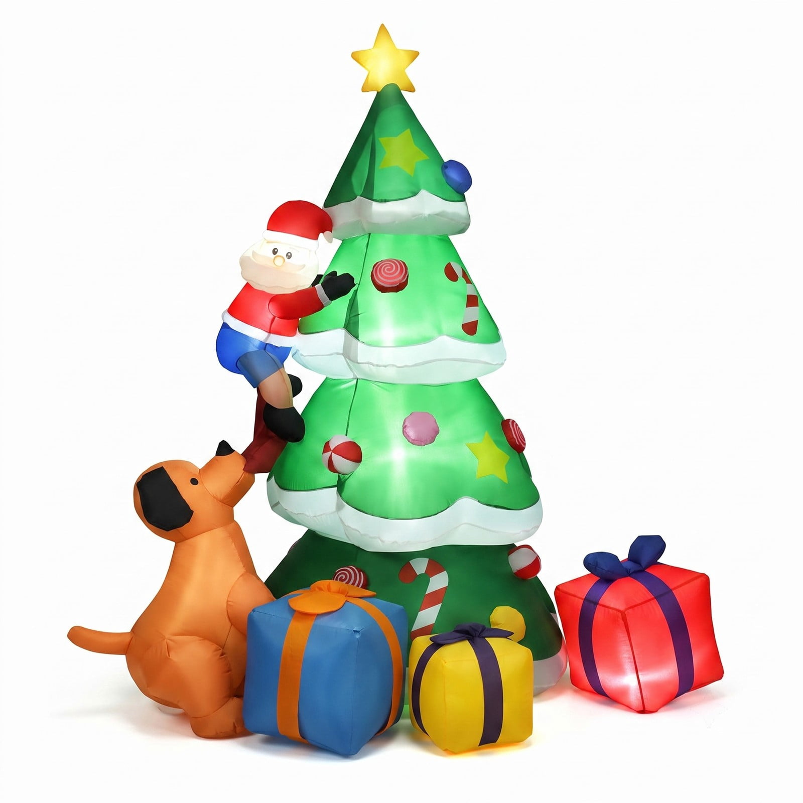 RUIE 7 ft Christmas Decoration, Inflatable Christmas Tree with Santa Claus, Gift Boxes, Puppy and LED Lights, Indoor/Outdoor Decor, Green