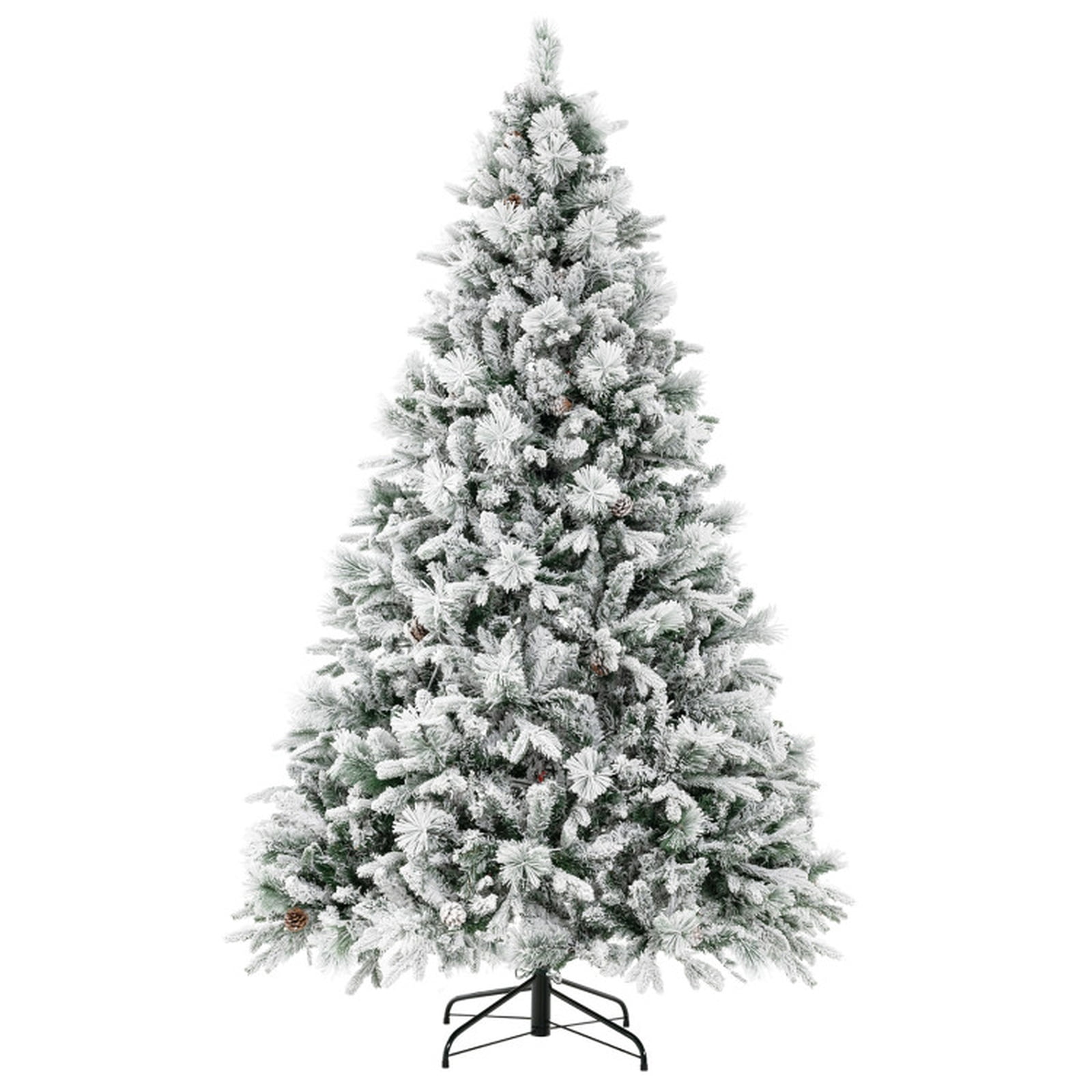 RUIE 7 ft Flocked Artificial Christmas Tree with Pine Cones, Pre-Lit Green White Xmas Tree, 320 LED Lights and 1270 Branch Tips