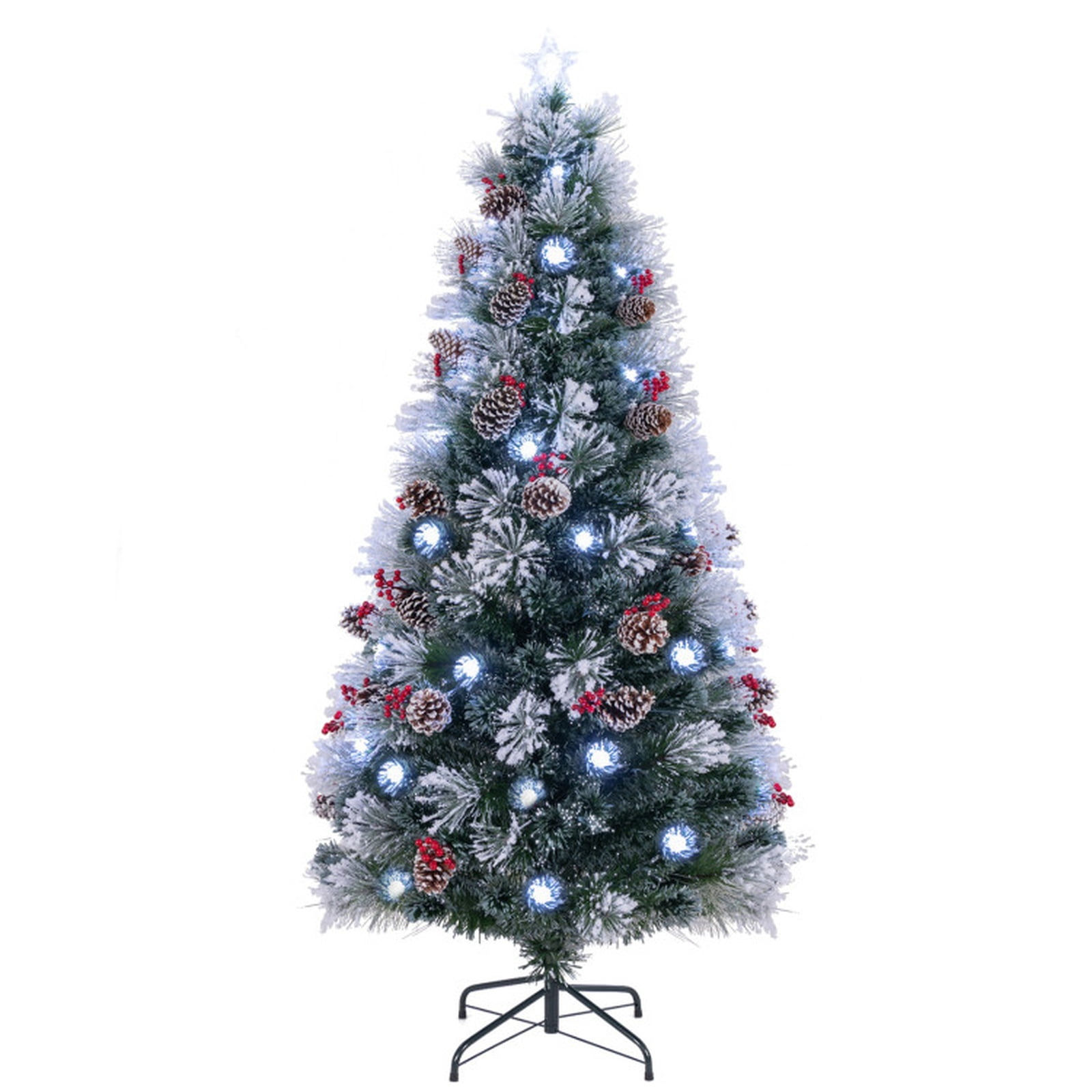 RUIE 7 ft Flocked Christmas Tree, Pre-Lit Green White Artificial Xmas Tree with 8 Lighting Modes, Pine Cones and Treetop Star Light