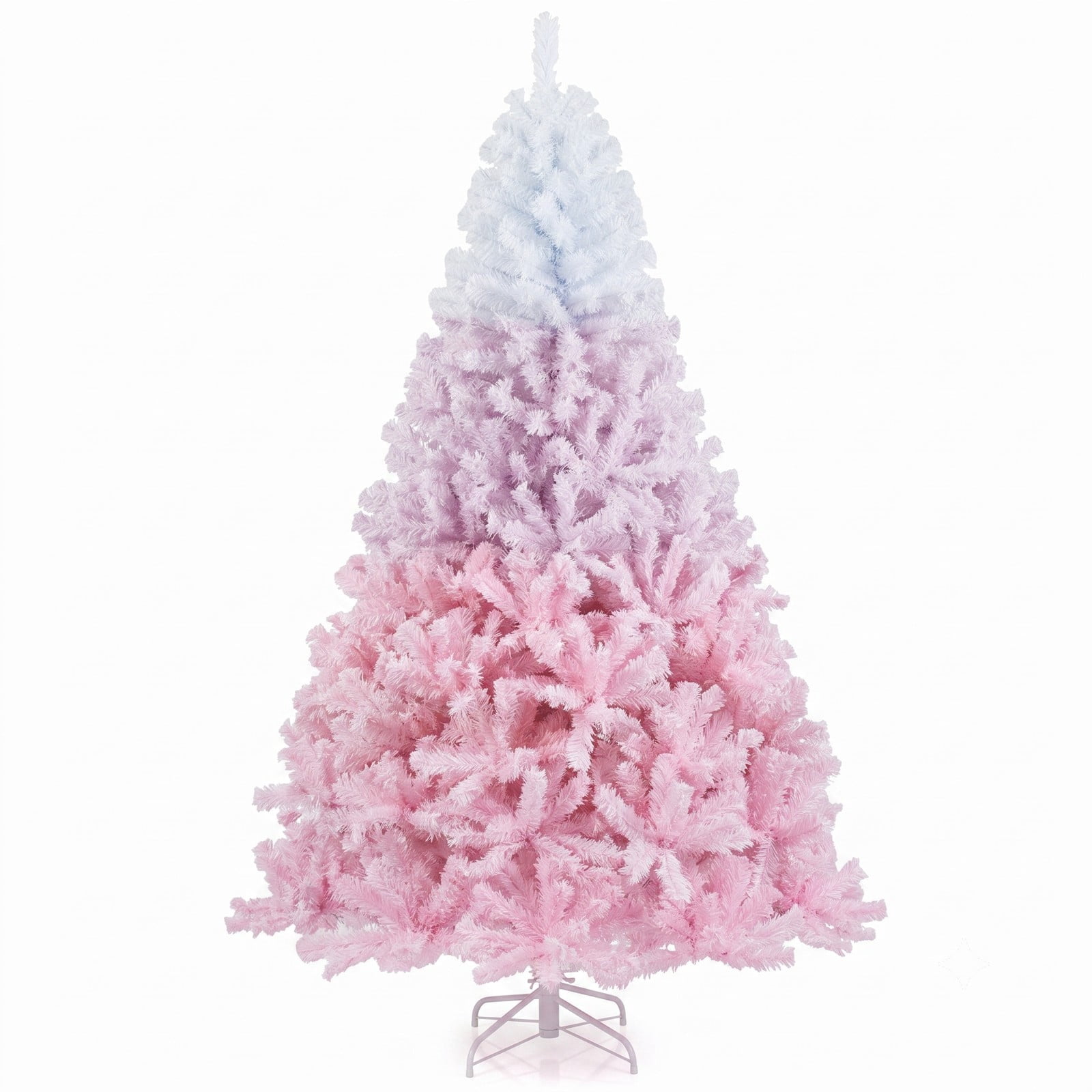 RUIE 7FT Artificial Christmas Tree, Pre-Assembled Hinged Pine Holiday Tree with 1264 Flocked Branch Tips and Folding Metal Stand, Snow Gradient Flocked, White & Pink