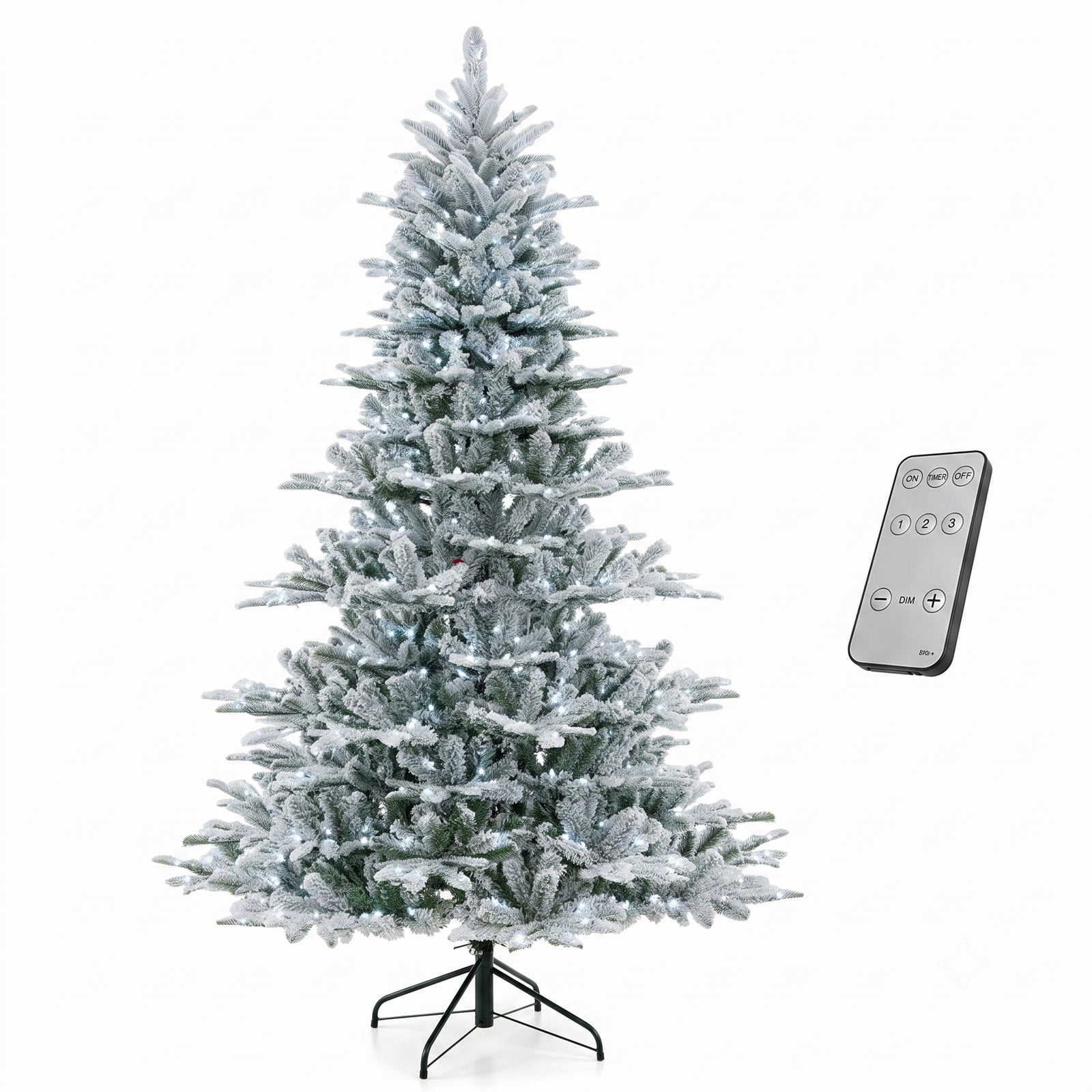RUIE 7FT Snow Flocked Artificial Christmas Tree, Pre-Lit with 620 Cool White LED Lights, Remote & Timer, Hinged Metal Stand Holiday Tree, Green & White