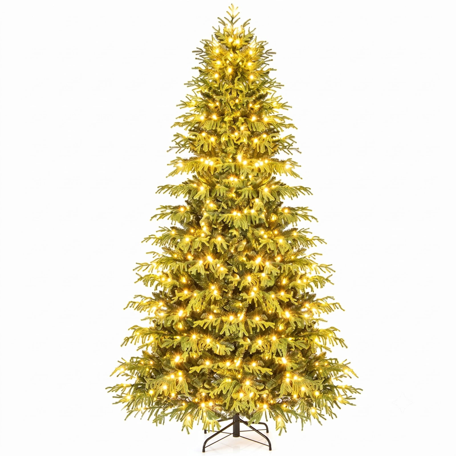 RUIE 8 FT Artificial Christmas Tree with 470 Warm White LED Lights, Pre-Lit Hinged Xmas Tree with 1470 PVC Mixed Branch Tips and Folding Metal Stand for Holiday, Green