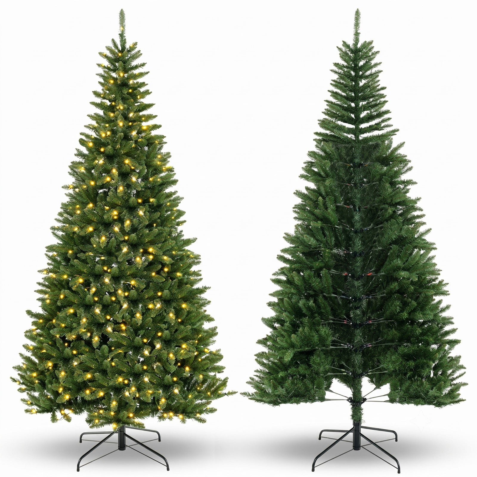 RUIE 8 FT Corner Artificial Christmas Tree, 1137 Branch Tips 360 Warm White LED Lights, Space-Saving 270 Degree Pre-Lit Hinged Xmas Tree with Metal Stand for, Green