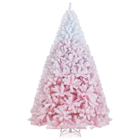 RUIE 8 FT White & Pink Ombre Christmas Tree, Unlit Flocked Artificial Xmas Tree with Folding Stand