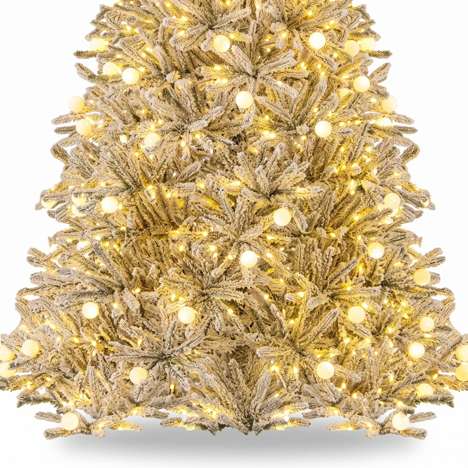 RUIE 8 Feet Pre-lit Snow-Flocked Artificial Christmas Tree, Hinged Xmas Tree with 450 Warm White LED Lights, 81 Sphere Lights, Remote and Timer for, Green & White