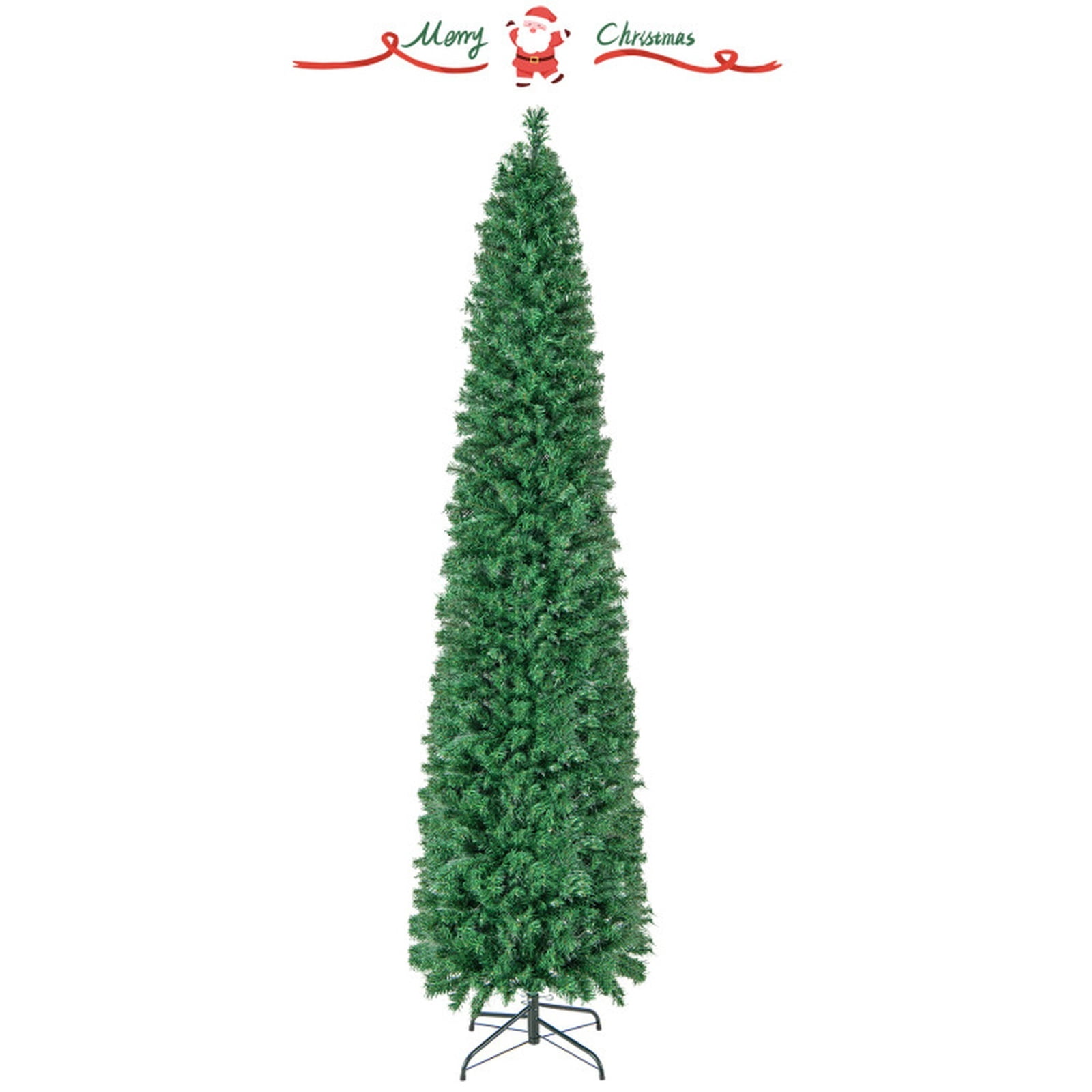 RUIE 8 ft Pre-Lit Pencil Christmas Tree, Slim Green Artificial Xmas Tree with Fiber Optic Lights and 889 Branch Tips for Corners