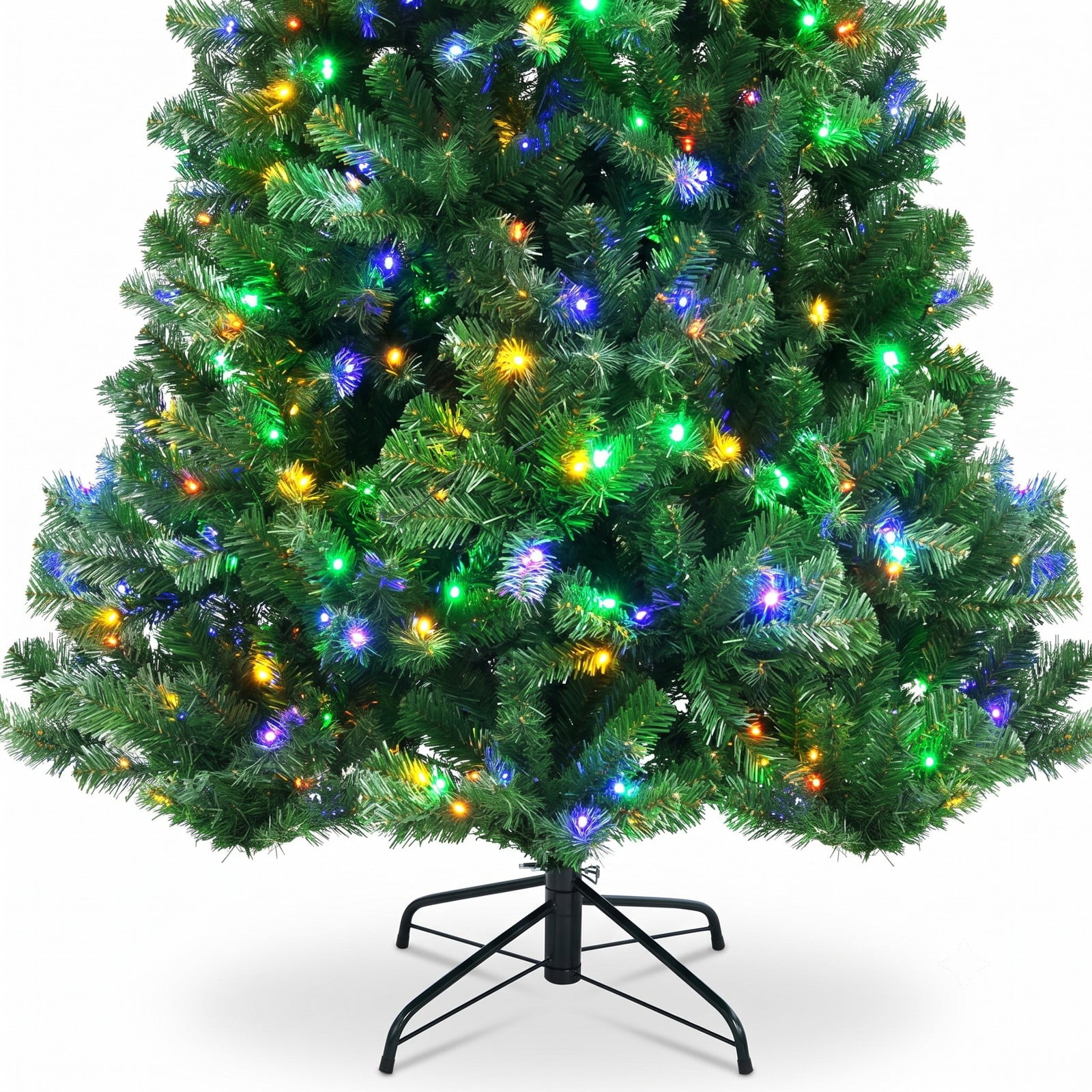 RUIE 8FT Pre-Lit Artificial Hinged Christmas Tree with 600 Remote-Controlled Color-Changing LED Lights, 1605 Tips Full Xmas Holiday Tree with Metal Stand, Green