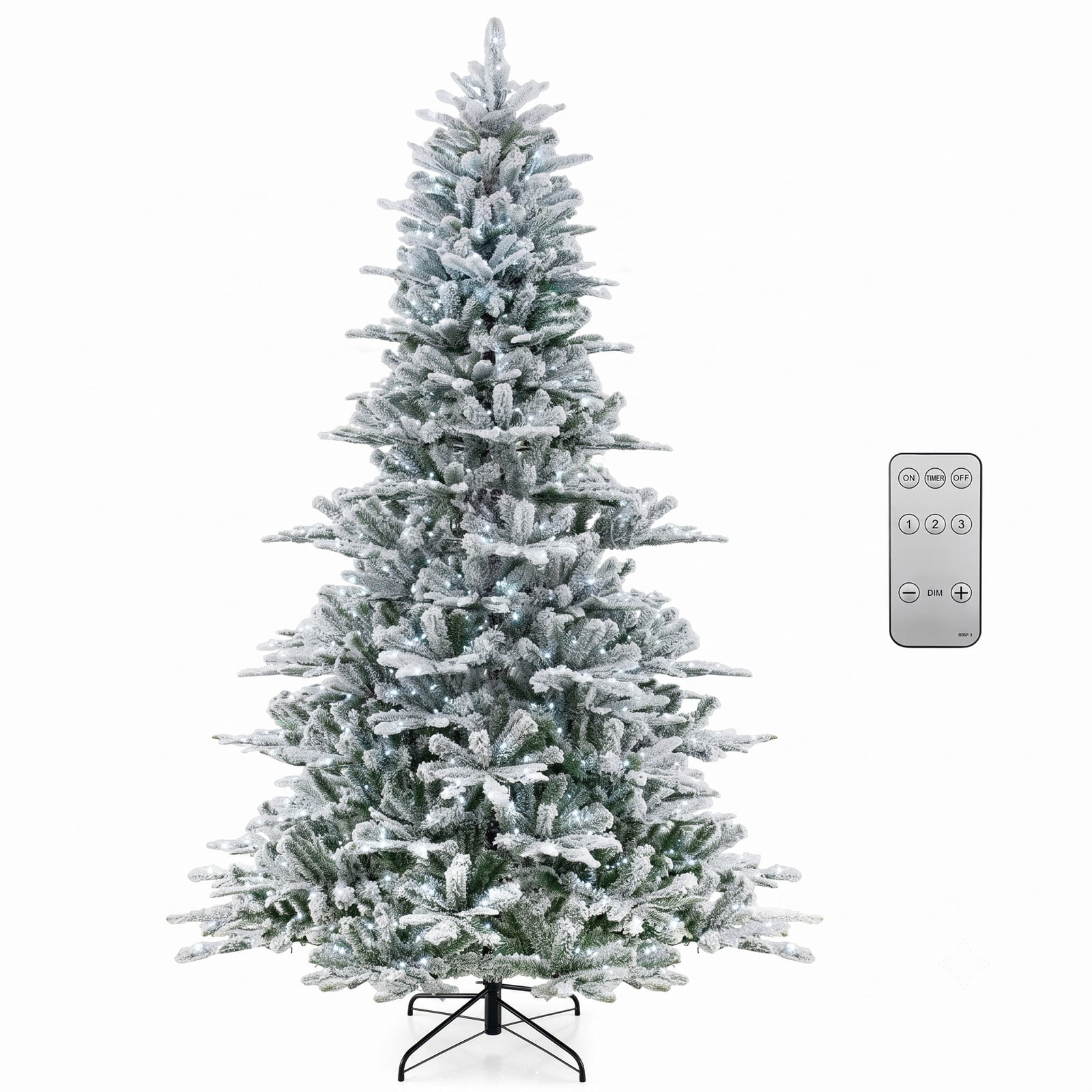 RUIE 8FT Snow Flocked Artificial Christmas Tree, Pre-Lit 800 Cool White LED Lights with Remote, Timer & Hinged Branches, Tall Holiday Tree, Green & White