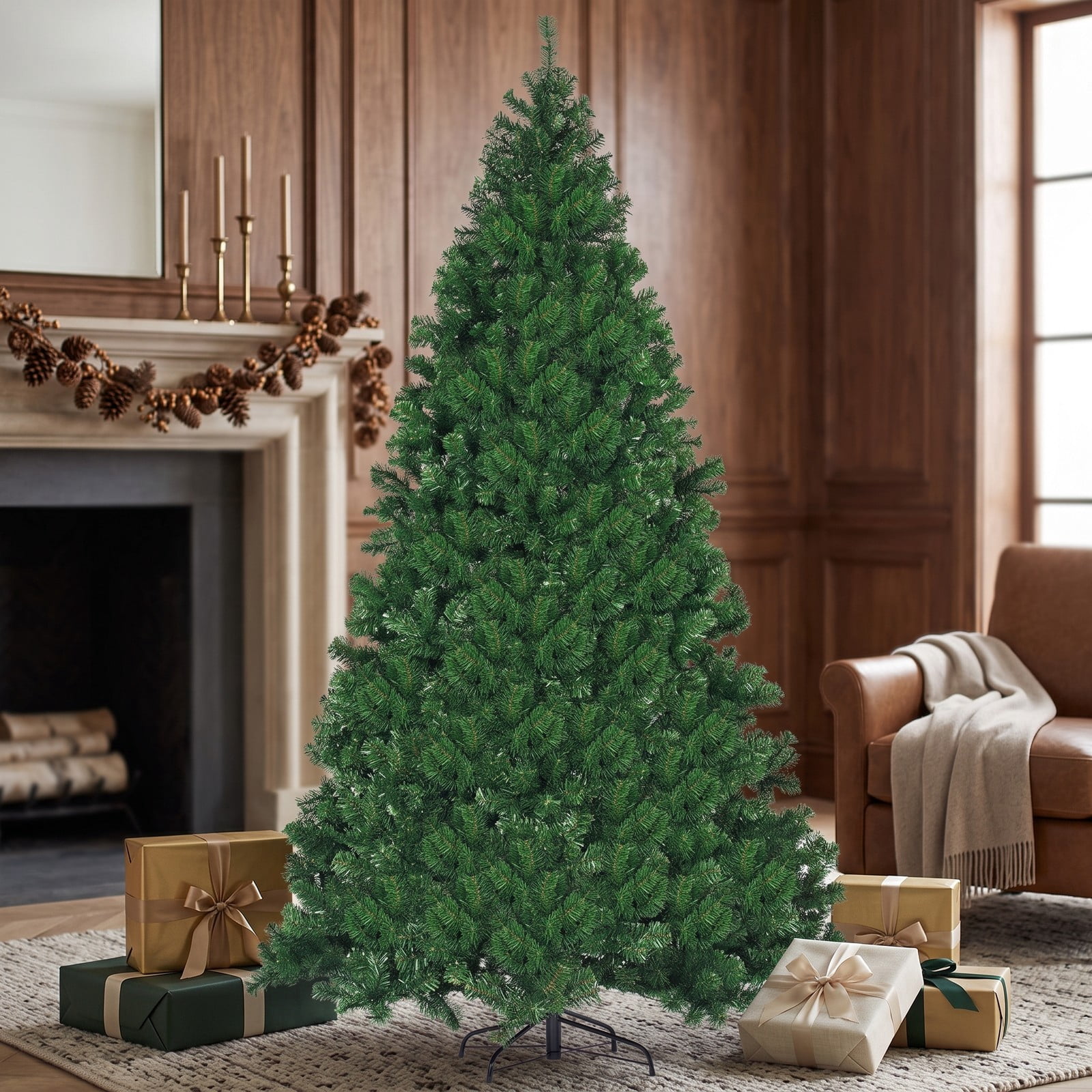 RUIE 9 FT Pre-Lit Artificial Christmas Tree with 700 Warm White LED Lights, 2028 PVC Branch Tips, Hinged Xmas Tree with Metal Stand for Indoor Holiday Home, Green