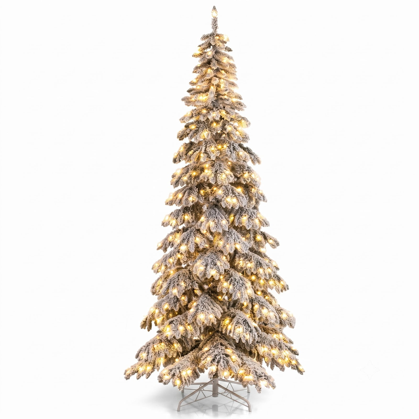 RUIE 9 FT Pre-Lit Artificial Christmas Tree, Snow Flocked Hinged Xmas Tree with 500 Warm White LED Lights, Quick Power Connectors and Foot Pedal Switch, Metal, White