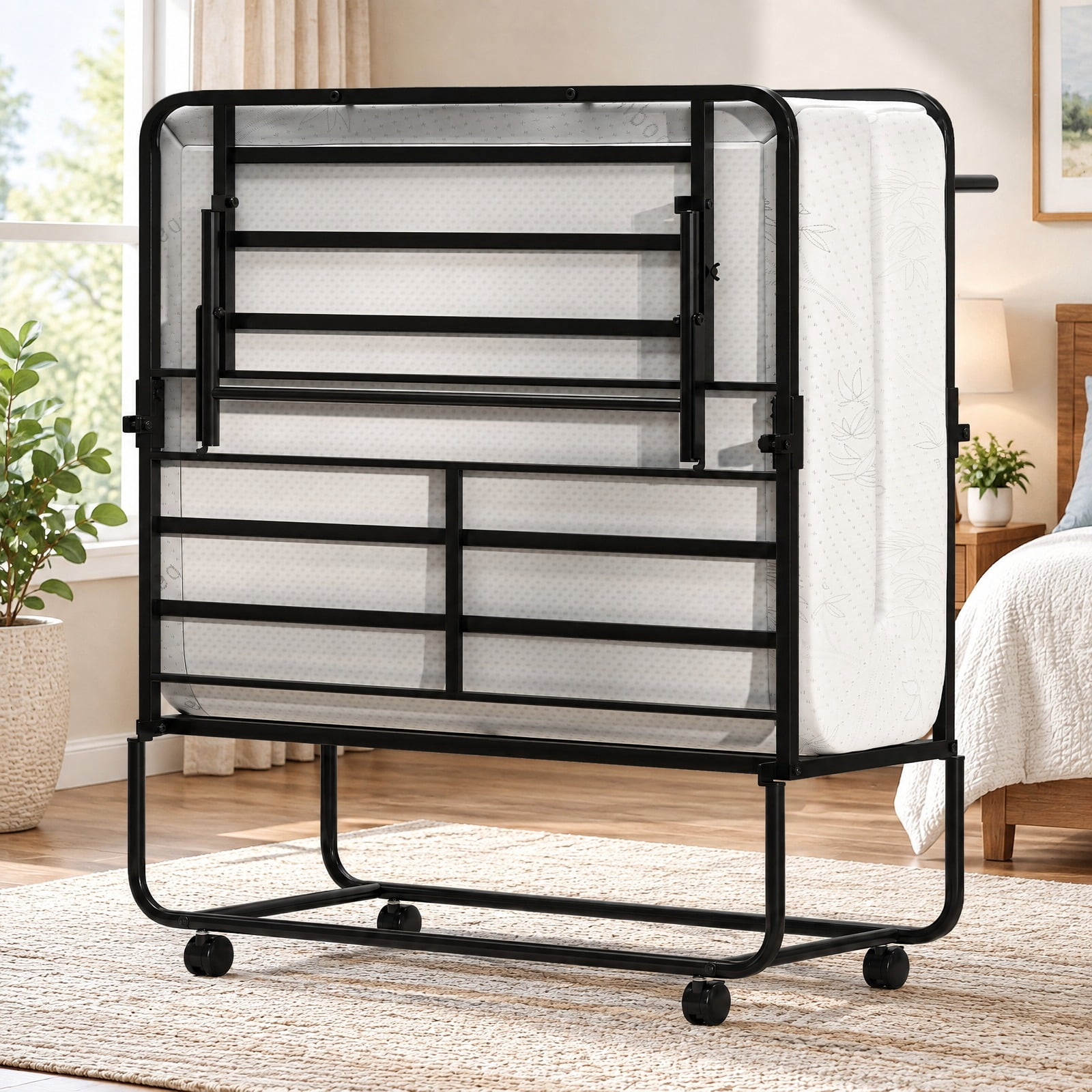 RUIE Black 75 x 38 Inch Folding Bed with Mattress Twin Size Rolling ...