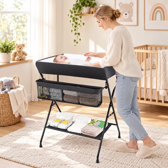 RUIE Black Baby Storage Folding Diaper Changing Table, 31.5" x 25" x 40.5" Overall, Steel waterproof PVC fabric Construction