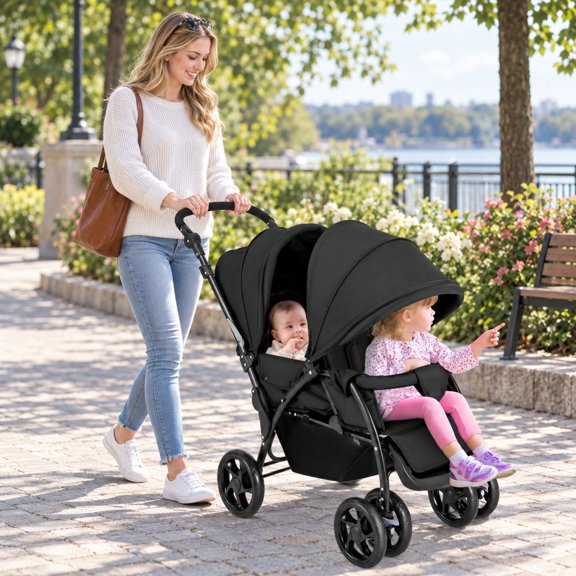 RUIE Black Foldable Lightweight Front Back Seats Double Baby Stroller, 48" x 22.5" x 43" Overall, Steel Construction