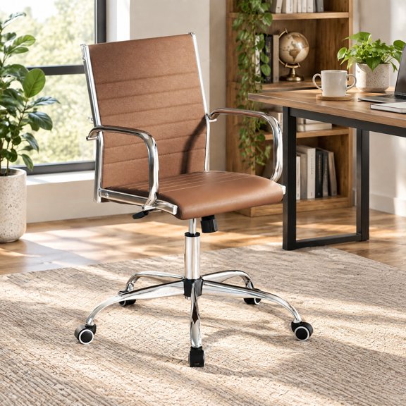 RUIE Brown Office Chair Height Adjustable Conference Room Chair with Rocking Backrest Armrests, 23.5" x 21.5" x 35"-40" Overall, Max Load 330 lbs