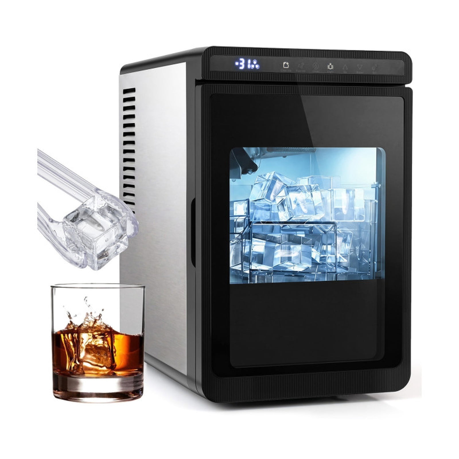RUIE Clear Ice Cube Maker Countertop, 1.6 Inch Large Square Ice Machine 26 lbs/Day Self-Cleaning for Home Bar Kitchen Office, Silver