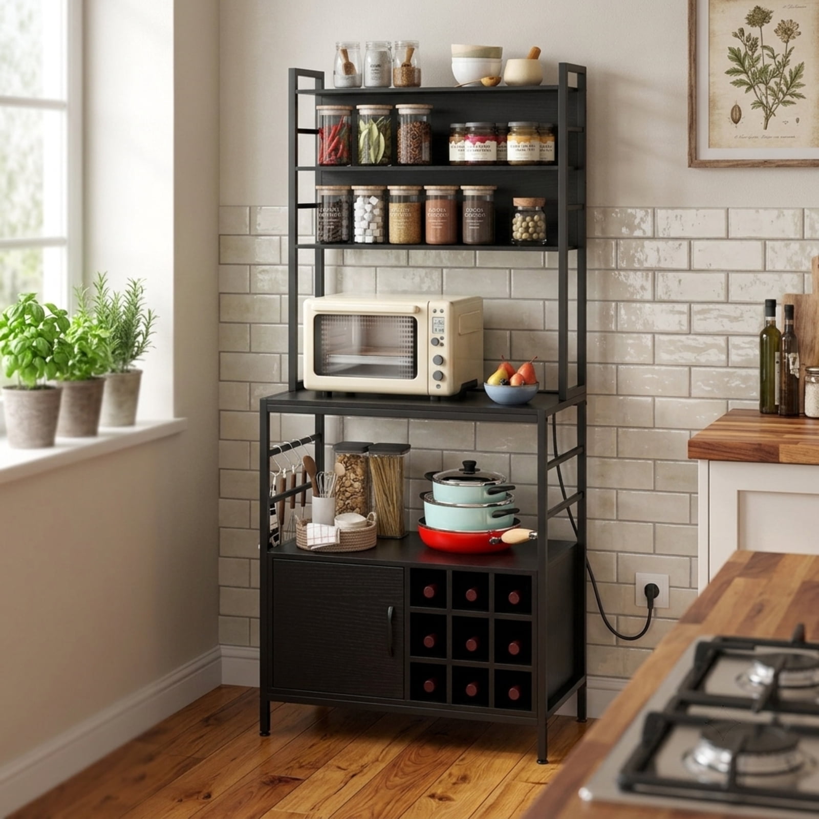 RUIE Coffee Bar Cabinet with Wine Bottle Holders and S-Hooks, Kitchen Baker's Rack Buffet Sideboard with ETL Power Outlet and Anti-Tipping Kit, Black