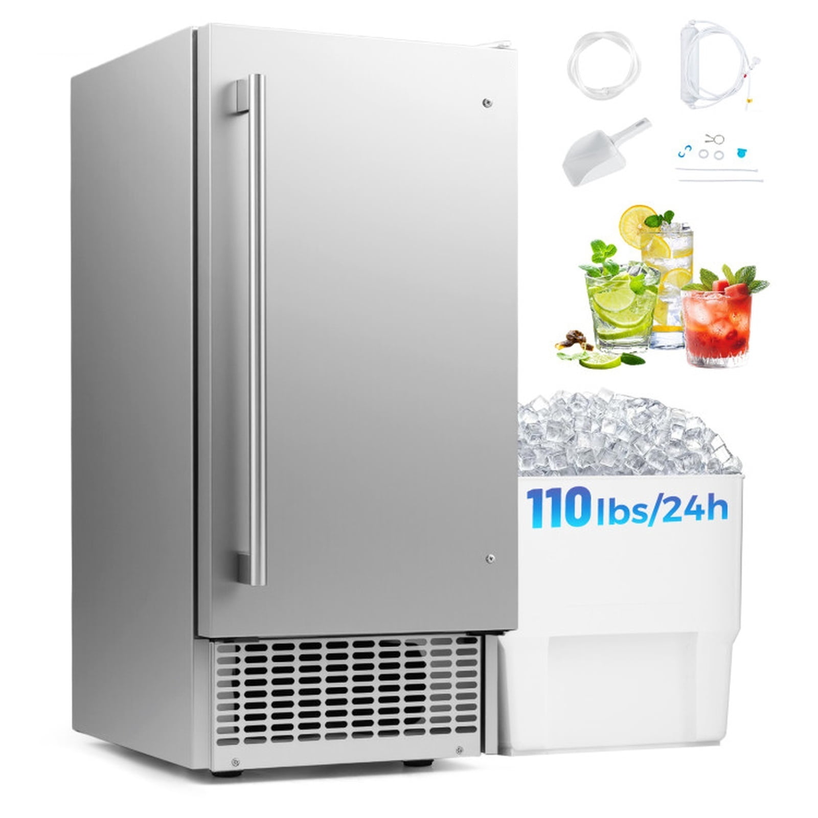 RUIE Commercial Ice Maker Machine 110 lbs/24H, Freestanding Undercounter Ice Machine with 25 lbs Storage Bin, Stainless Steel for Home Bar Cafe