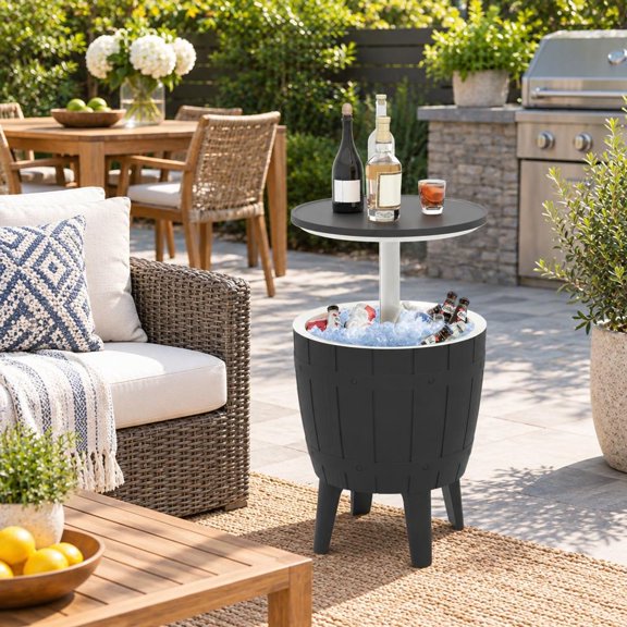 RUIE Cooler Bar Table Outdoor Coffee Table Ice Bucket with Telescopic Tabletop for Beer and Wine, 10 Gallon, Black, 19" x 23" Overall