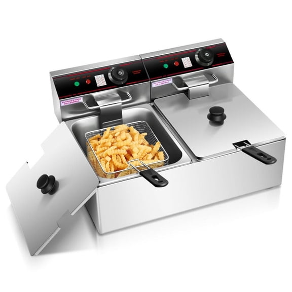 RUIE Electric Deep Fryer,3400W Dual Tank Countertop Fryer with Temperature Control and Timer,6L x 2 Stainless Steel Baskets,Safety Reset Button,Deep Fryer for Home Kitchen Restaurant