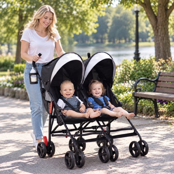 RUIE Foldable Twin Baby Double Stroller Ultralight Umbrella Kids Stroller, Steel frame, 31 in x 28.5 in x 37 in (L x W x H) Product, Black