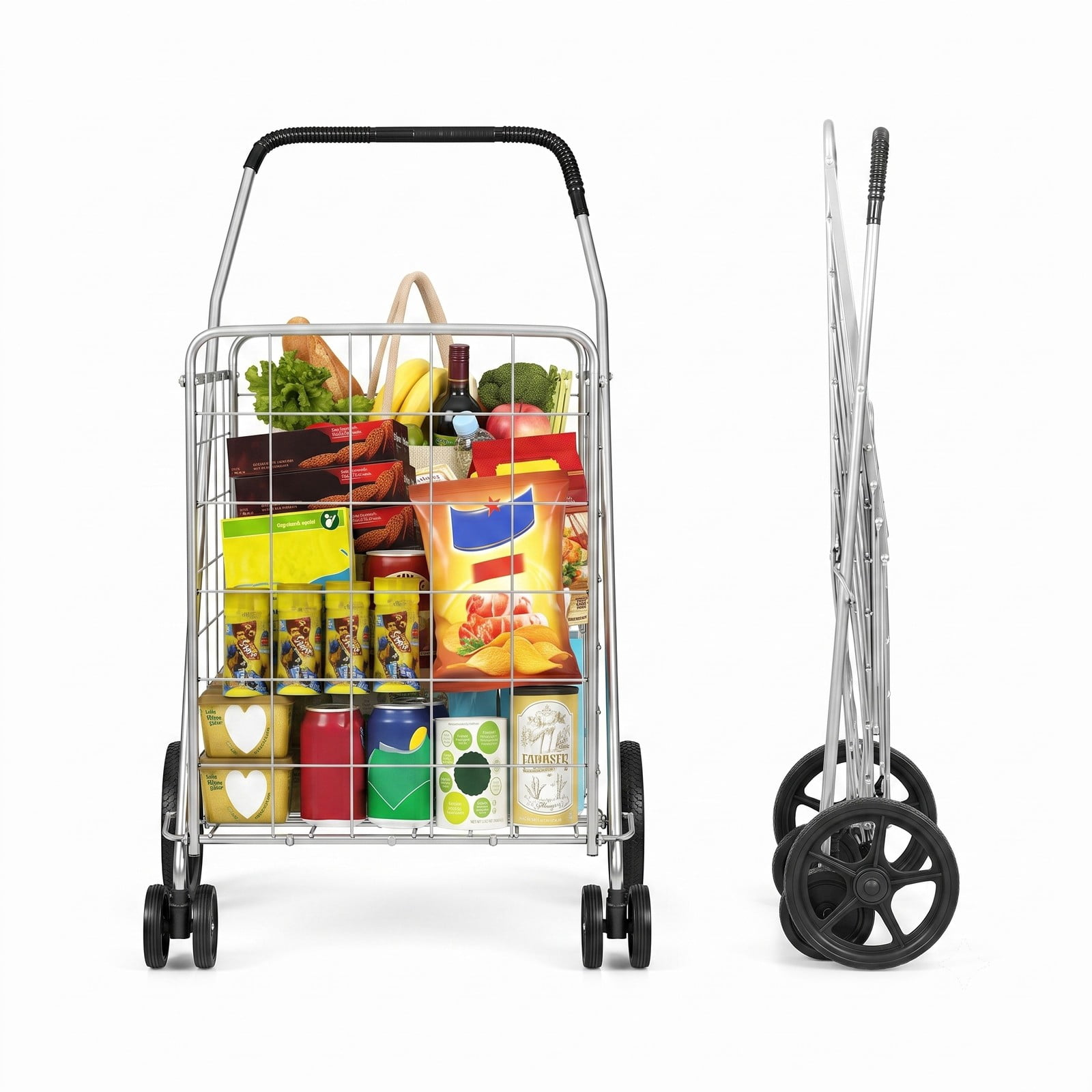RUIE Folding Shopping Cart with Swiveling Wheels and Dual Storage Baskets, Heavy Duty Metal Utility Grocery Laundry Rolling Cart for Home Kitchen, 88 lbs, Silver