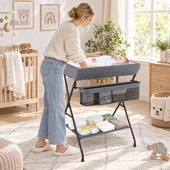RUIE Gray Baby Storage Folding Diaper Changing Table, 31.5" x 25" x 40.5" Overall, Steel waterproof PVC fabric Construction