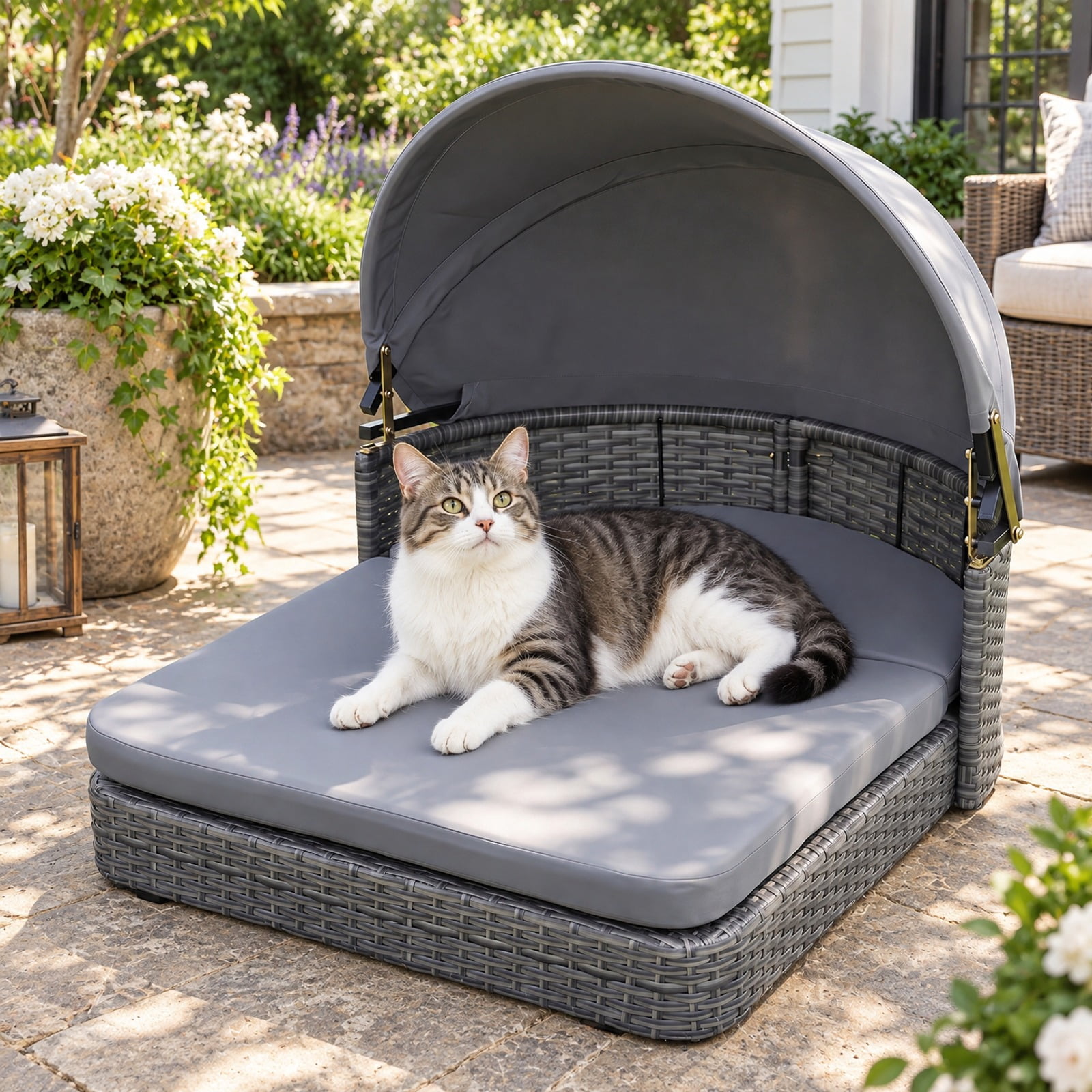 RUIE Gray Wicker Dog House with Adjustable Canopy & 2 Detachable ...