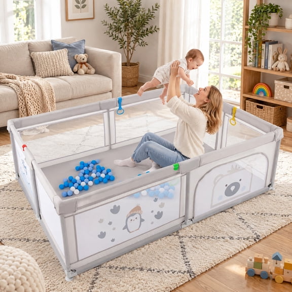 RUIE Large Baby Playpen with Pull Rings Ocean Balls and Cute Pattern-Penguin, Gray Style: Whale, 81" x 57.5" x 27" Overall