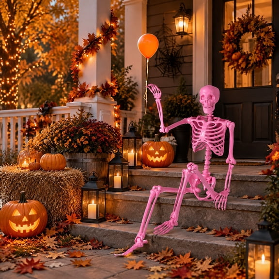 RUIE Life-Size Halloween Poseable Skeleton Pink Movable Joints, 5.5 FT, Pink, 63" x 14" Overall, PP Construction